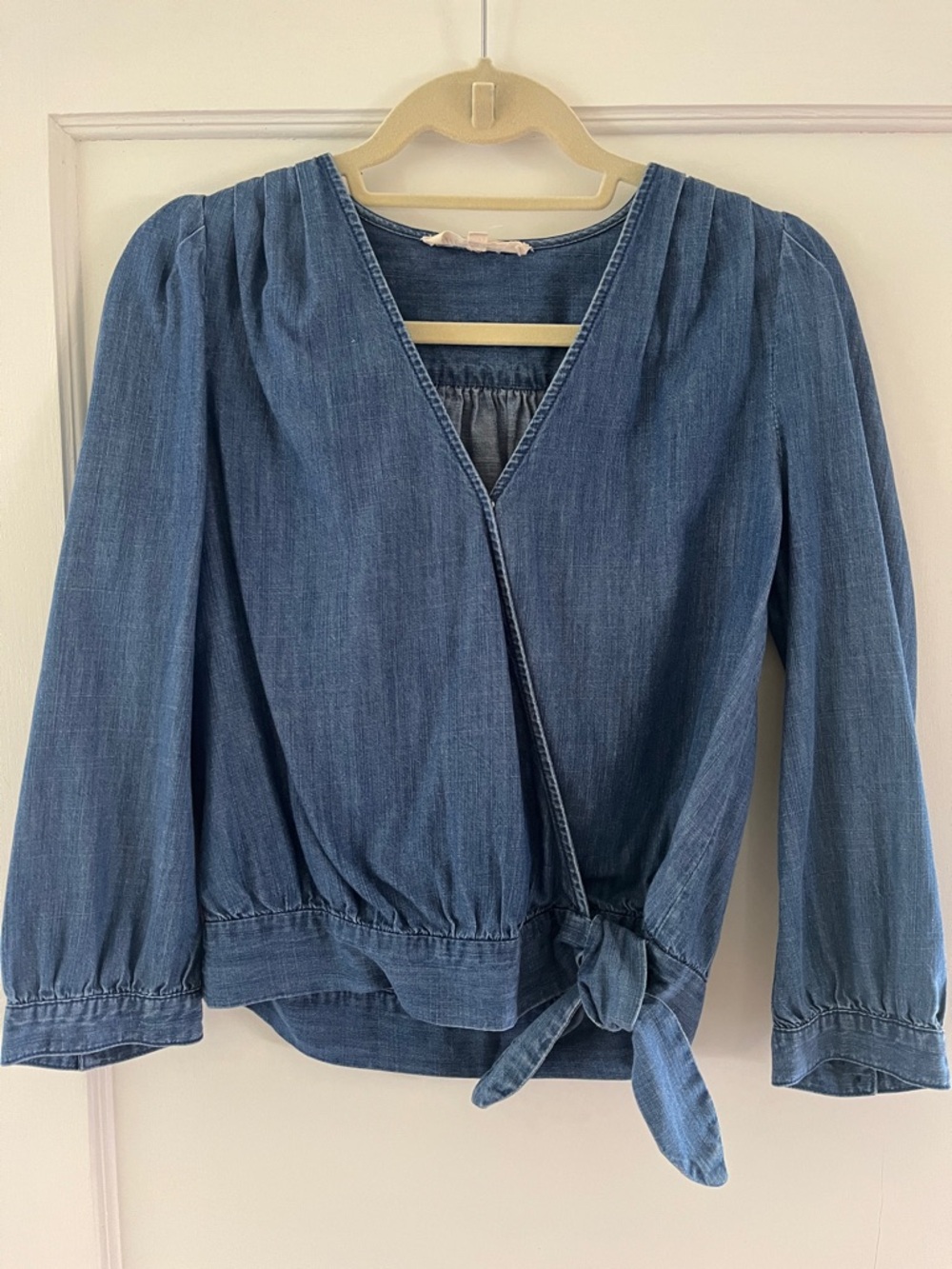 Madewell Blue Denim-Look Wrap Blouse with Side Tie